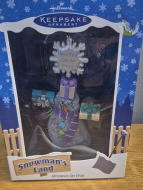 Gray Snowman Ornament with Purple and Teal Gift Accents